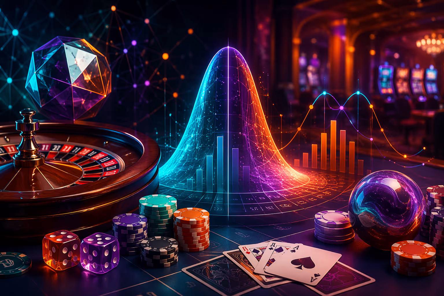 Mathematical formulas overlayed on casino chips and glowing slot machines